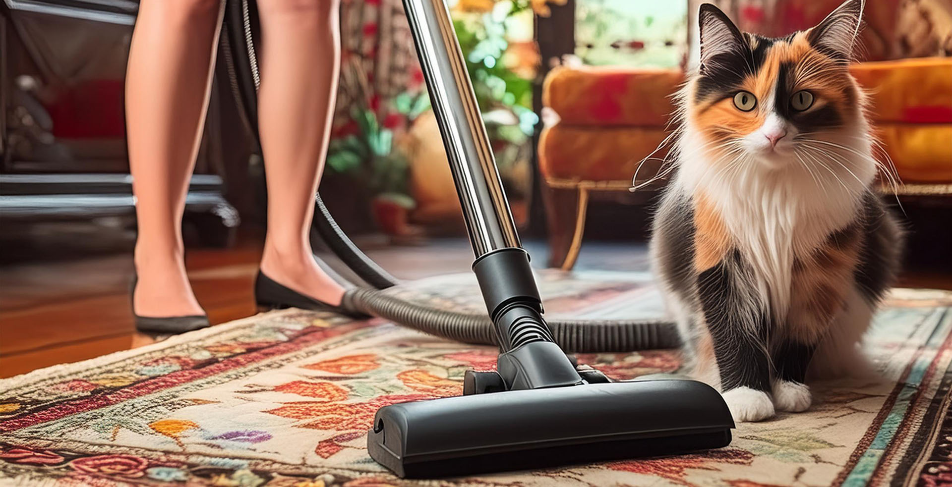 Woman Vacuuming Rug with a Cat on the Rug